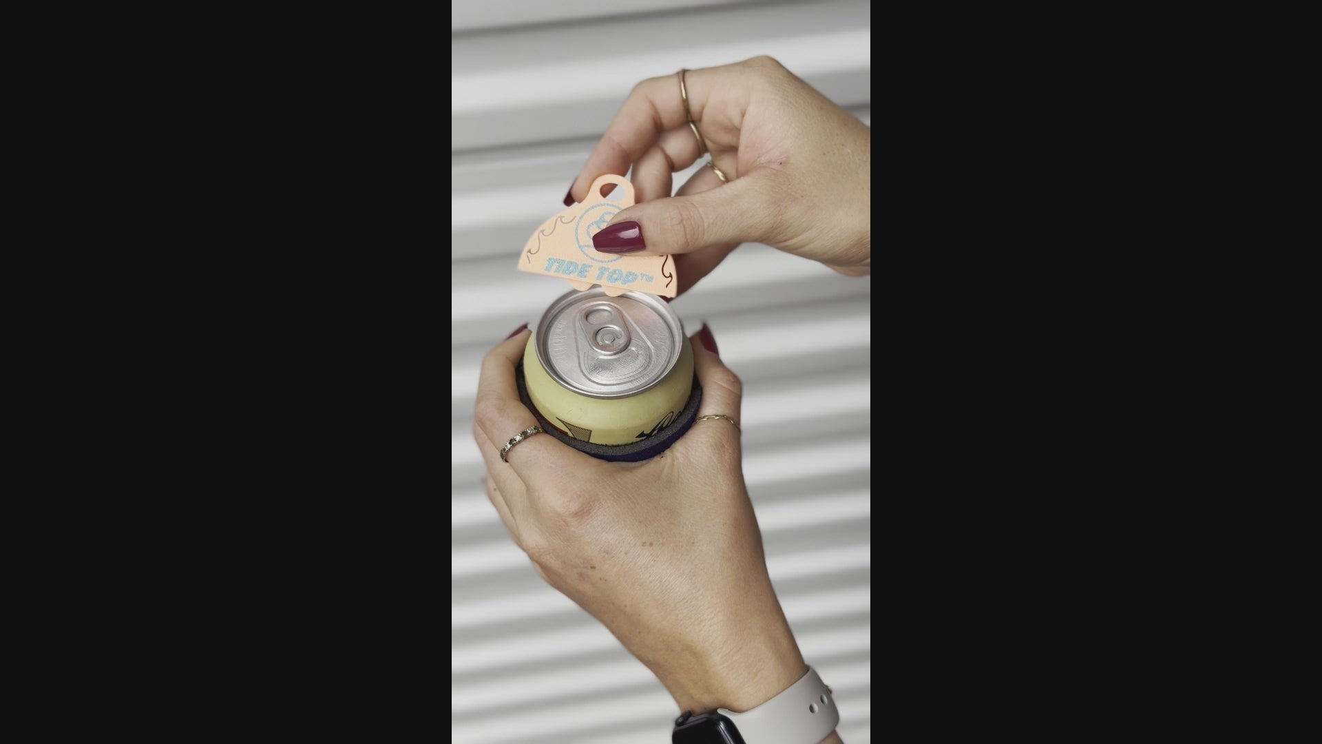 Load video: Slide onto the drink tab, pull up to open can, and push down to snap onto can for a tight fit. Then twist to cover hole to keep out bugs and dirt